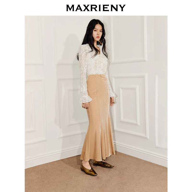 MAXRIENY亮光丝绒正派穿搭中长裙25冬款气质感珠绣鱼尾高腰半裙
