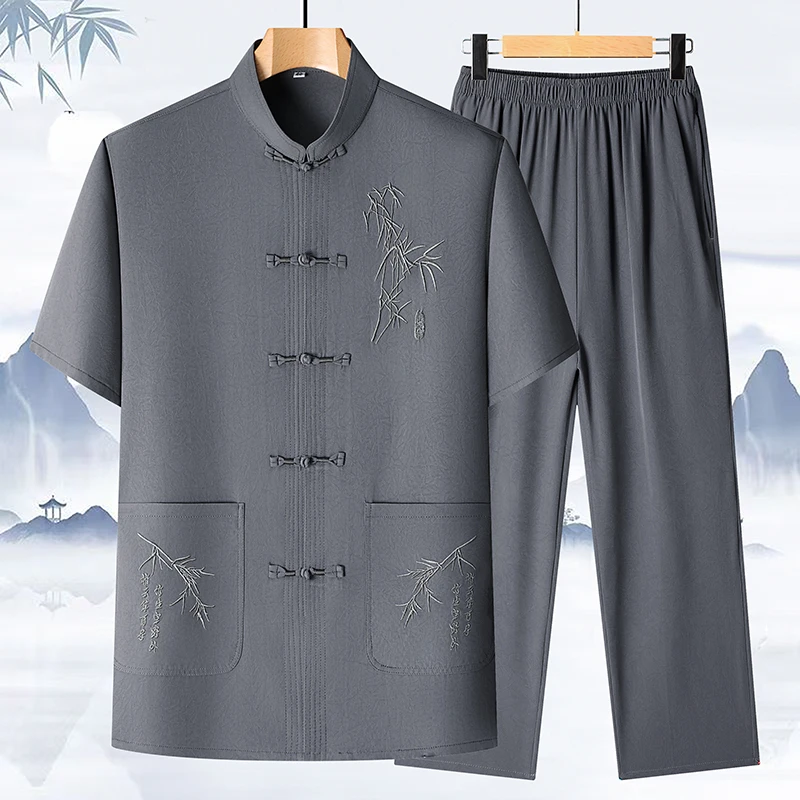 中老年人唐装爸爸装夏季短袖冰丝套装夏中国风男装爷爷父亲节礼物