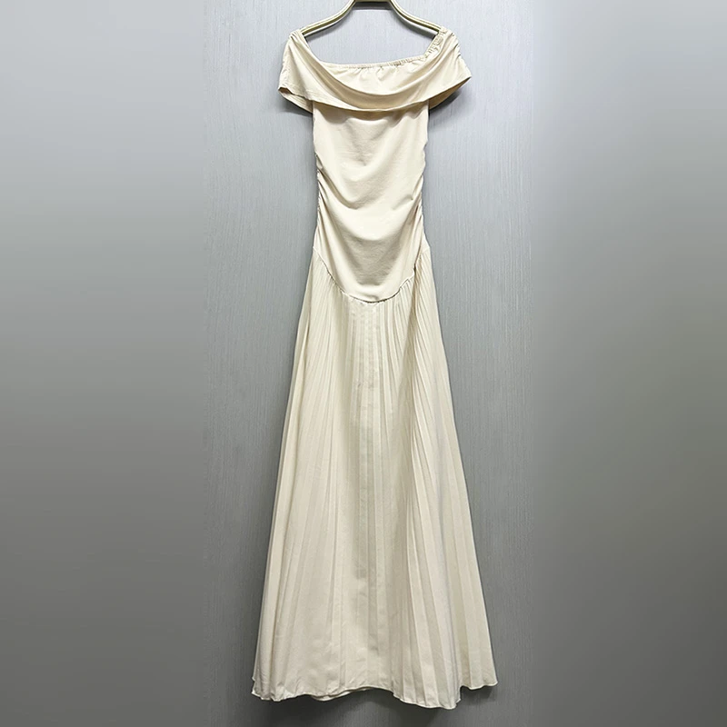 外贸原单170高个子新款一字领女装无袖A字裙百搭休闲百褶连衣裙