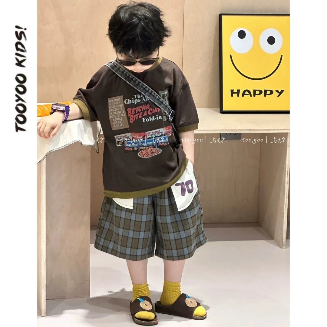 儿童童装套装2025夏款夏季新款男童韩版复古短袖格子裤两件套YP01