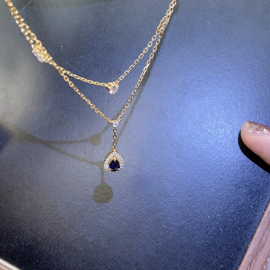 18K金镶嵌钻石颈饰蓝宝石双链条k黄