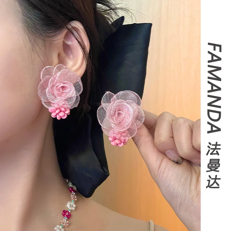 法曼达 非金属布艺耳饰 【玫瑰仙子】百搭款仙女法式小清新温柔耳饰