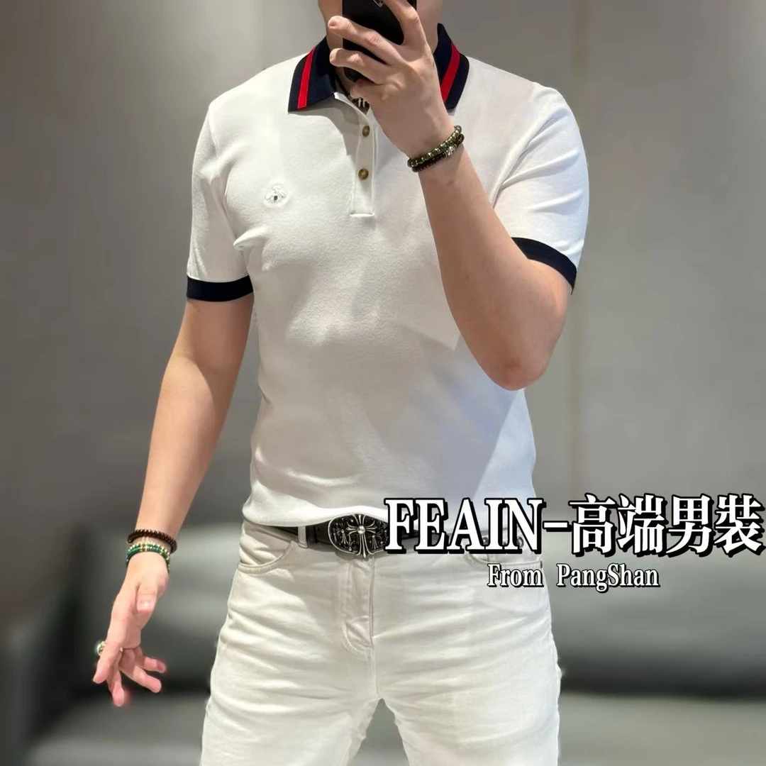 高端定制男士伊力特丝拼色领设计小蜜蜂刺绣胸标点缀polo56111