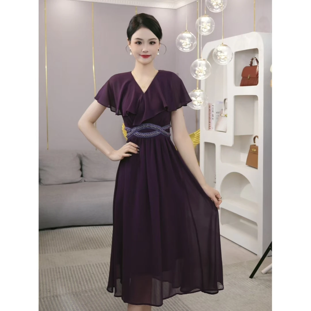2025年夏季新款【Q24-X88】法式赫本风气质紫色V领收腰连衣裙子女