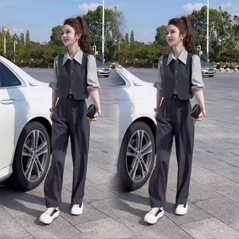 网红减龄套装女2025秋季时尚洋气衬衫马甲阔腿裤气质小香风三件套