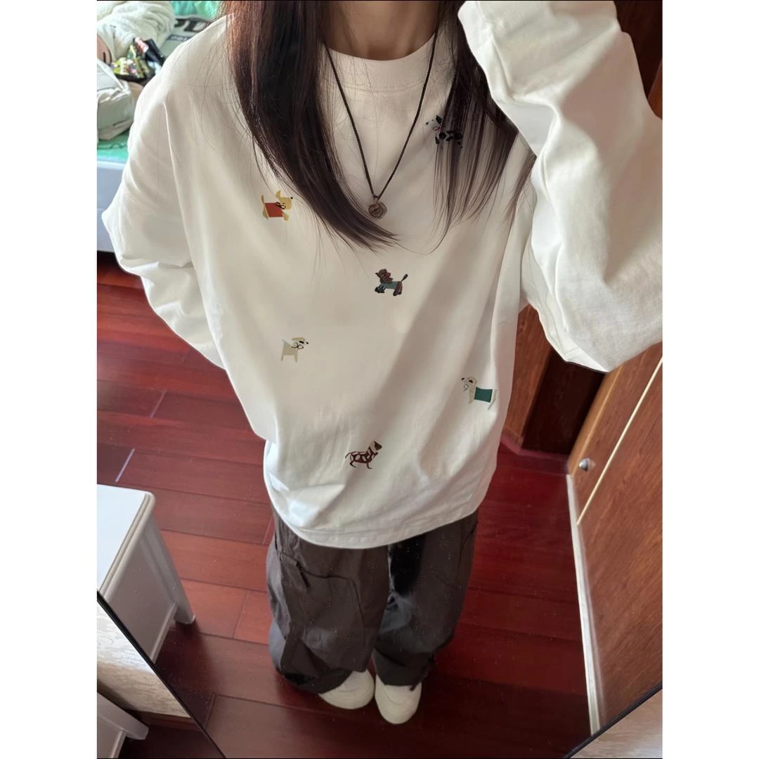 卡通印花纯棉圆领长袖t恤女春秋季百搭宽松显瘦美式休闲上衣