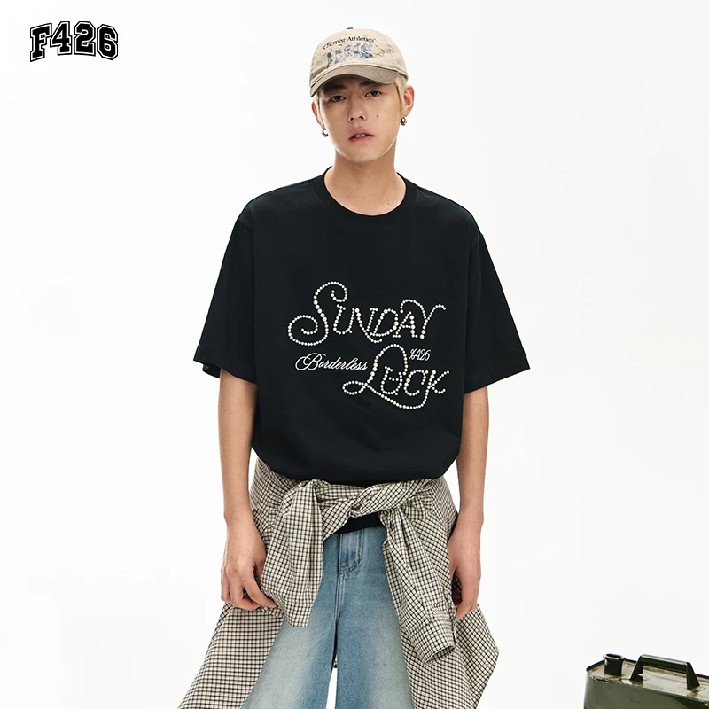 F426夏季休闲创意钉珠男女短袖t恤时尚宽松白色情侣百搭半袖6906