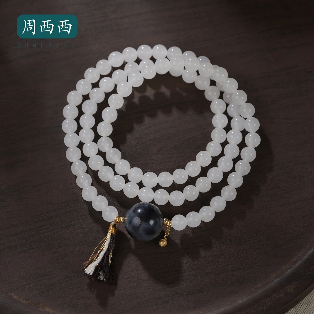 周西西精美18K白玉三圈青花路路通手串6mm百搭多样性发货19262
