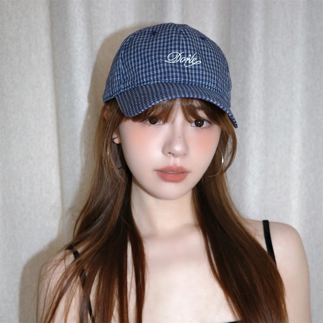 韩系格子字母刺绣棒球帽子女百搭宽檐大头围显脸小鸭舌帽男复古