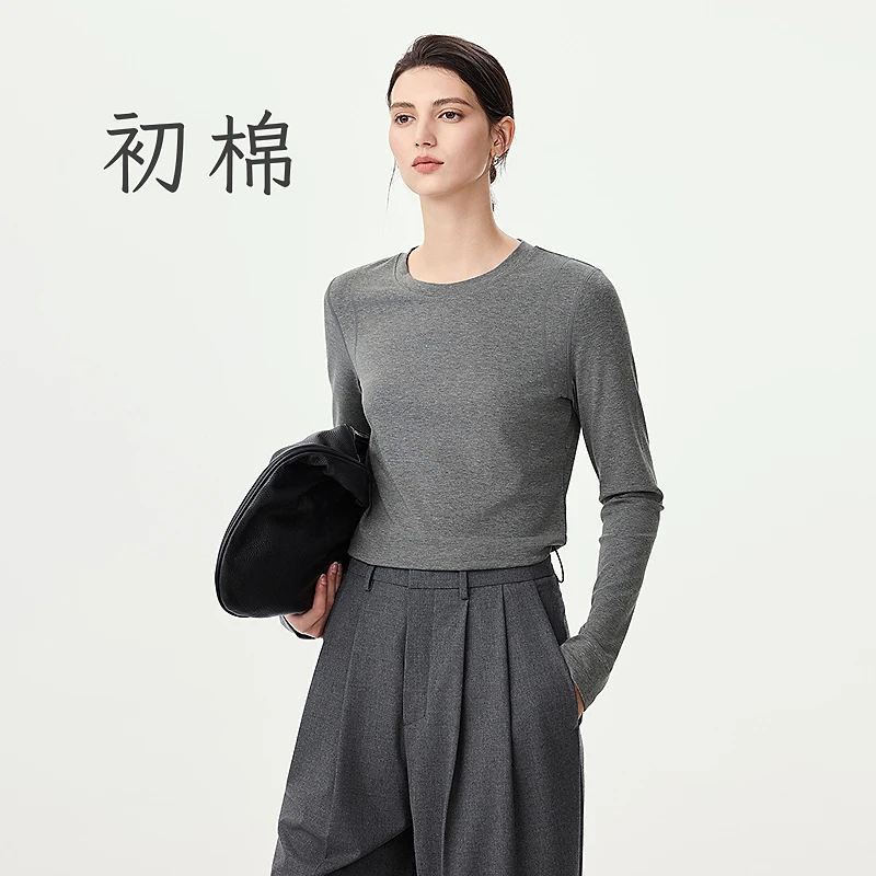 初棉正肩长袖T恤分割线设计圆领弹力显瘦上衣366601027