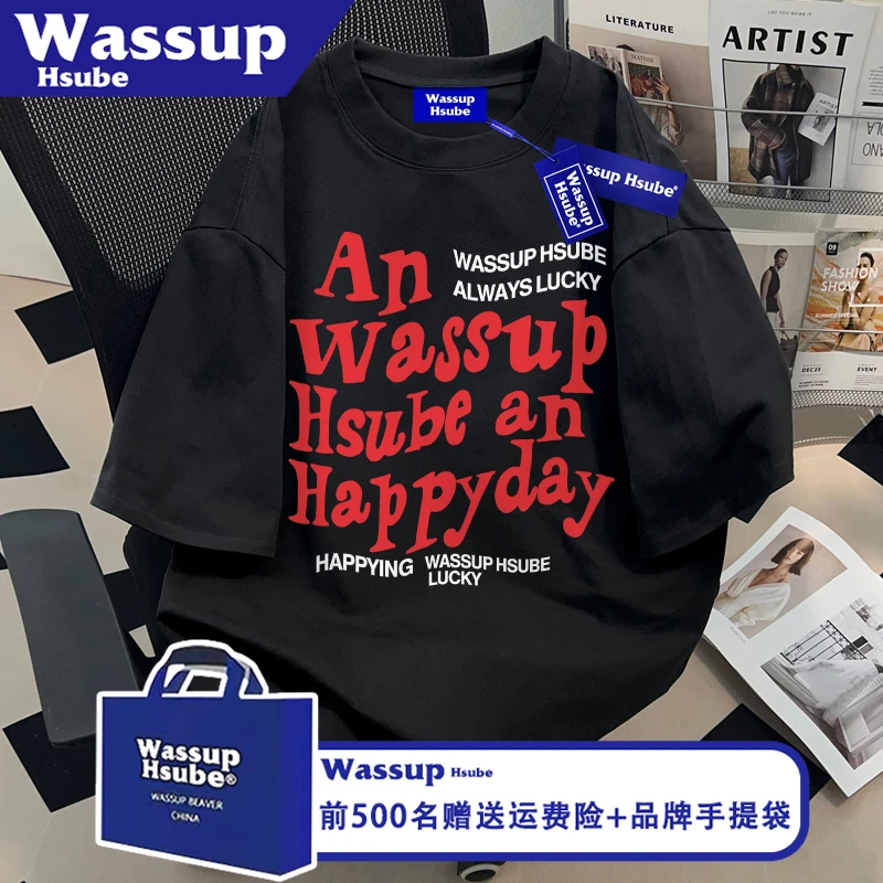 WASSUP夏季纯棉黑色短袖创意英文印花慵懒风T恤ins男女款随性上衣