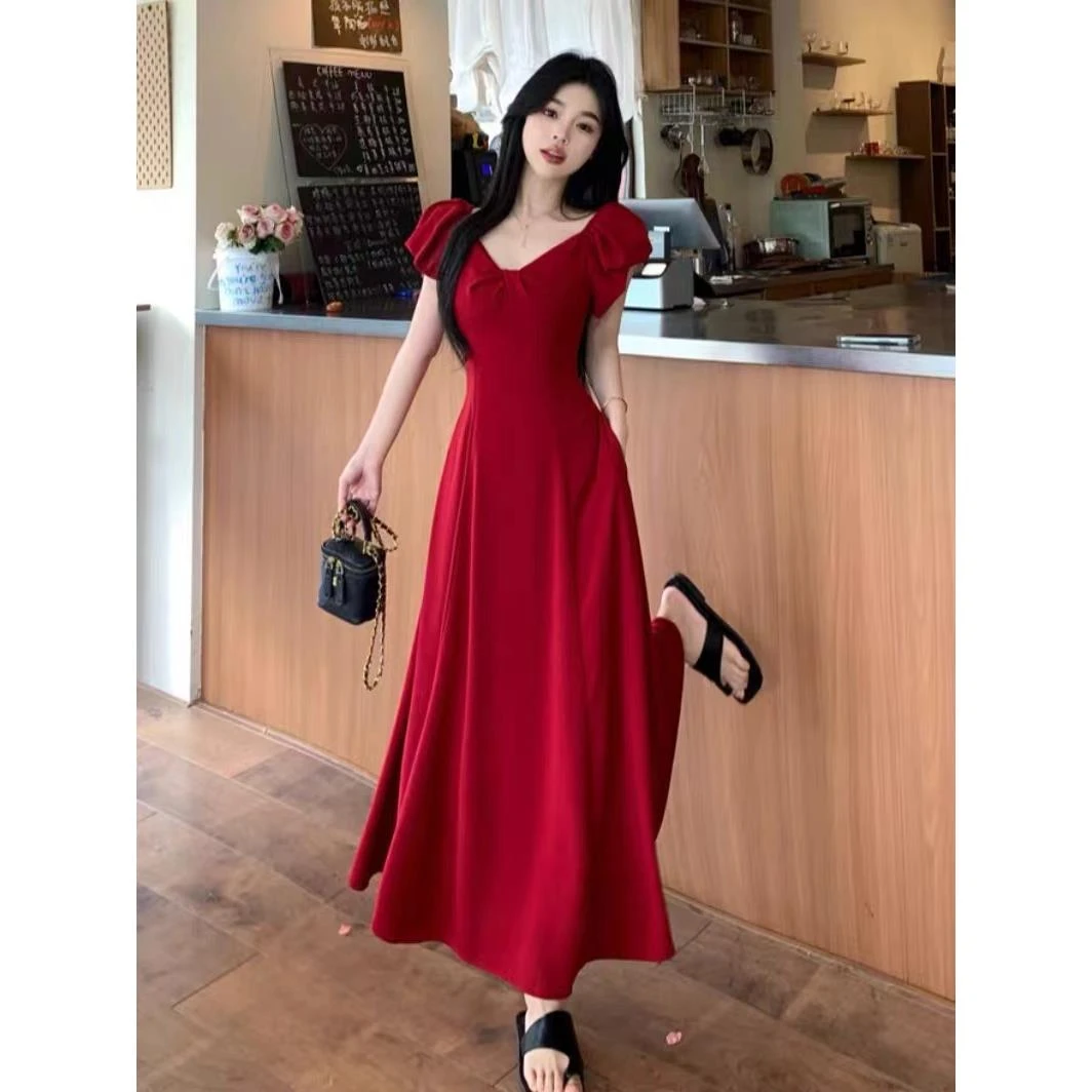 法式V领红色连衣裙女2024夏季大码胖妹妹设计感显瘦A字礼服长裙子