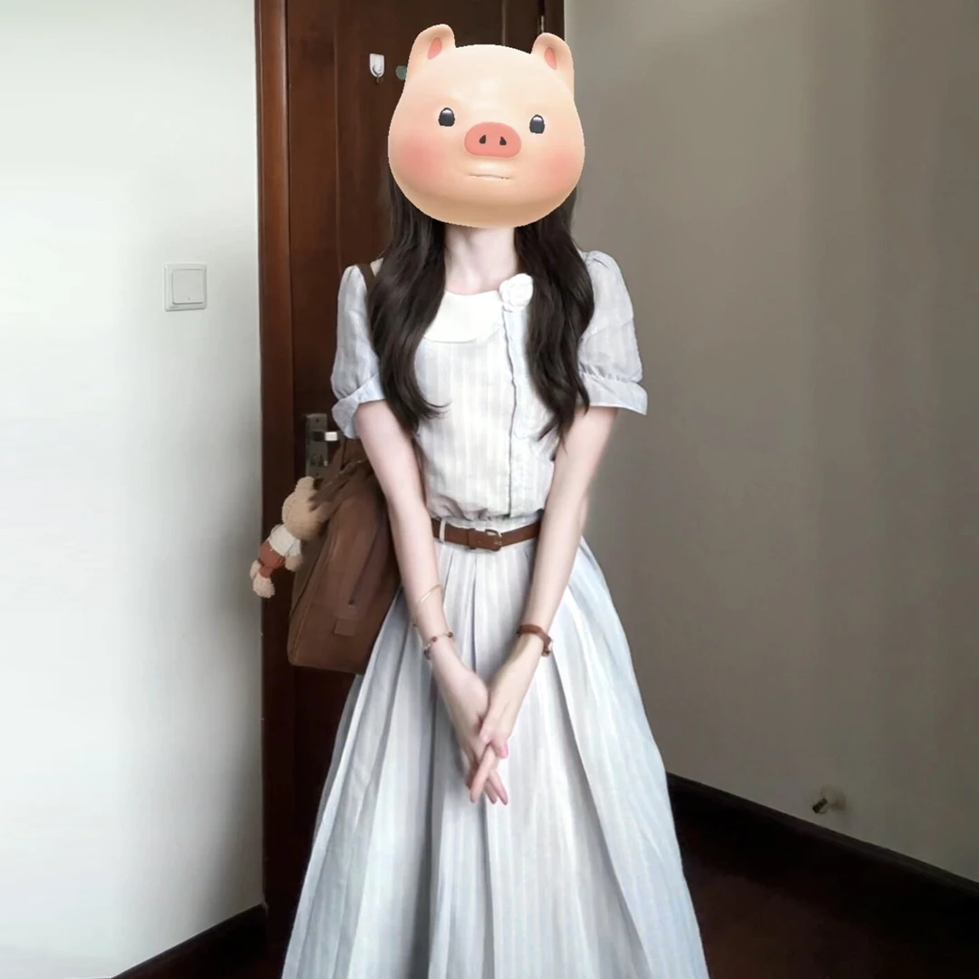 2026新款学院风条纹连衣裙子女夏季法式气质高级感绝美收腰长裙