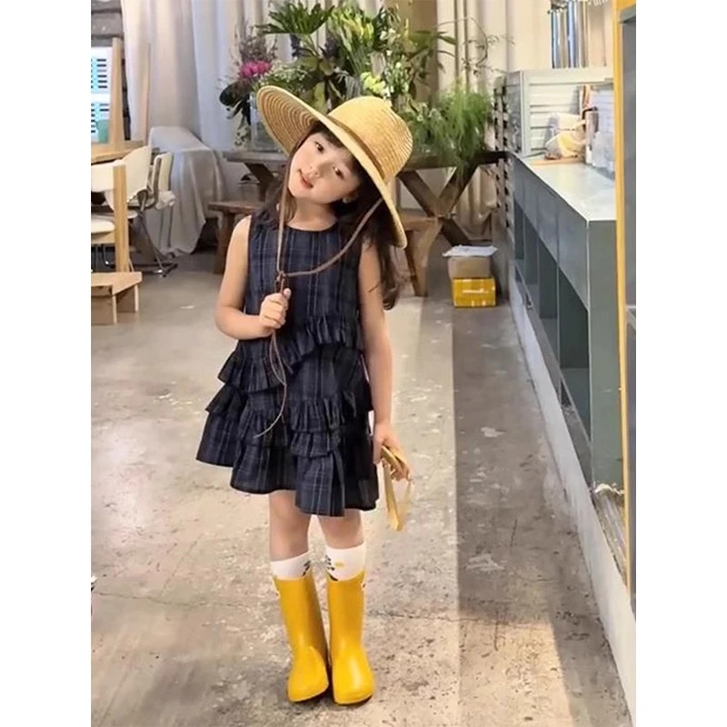 女大童连衣裙夏季2025新款儿童韩版不规则背心裙女孩格子公主裙潮