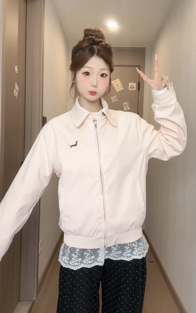 粉色甜美风减龄腊肠狗夹克女秋季新款小个子韩系宽松黄色翻领外套