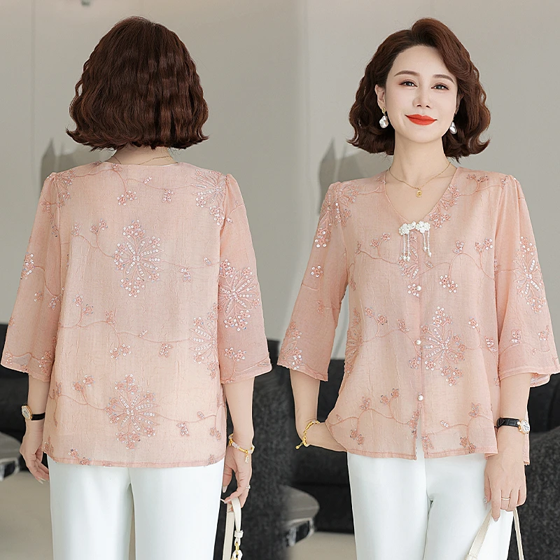 中老年女装夏季新款洋气上衣T恤女装中袖老年大码衬衫妈妈装衬衣