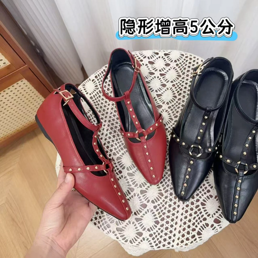 小个子内增高5CM玛丽珍鞋女2025新款时尚铆钉小众小个子单鞋女