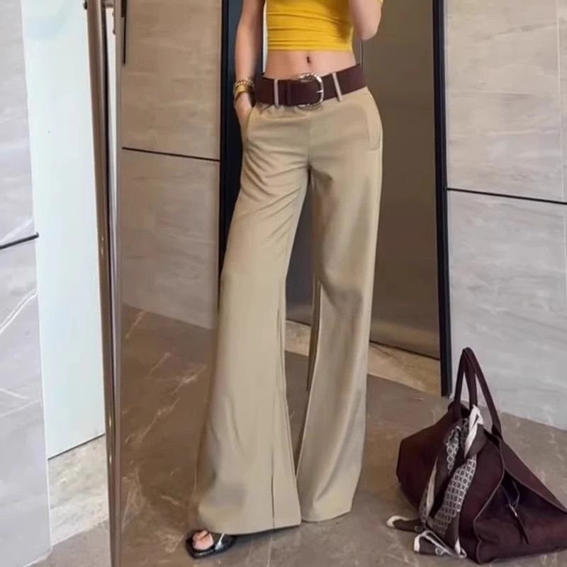 卡其色西装休闲裤女春季性感垂感低腰长裤显瘦百搭微喇叭拖地裤子
