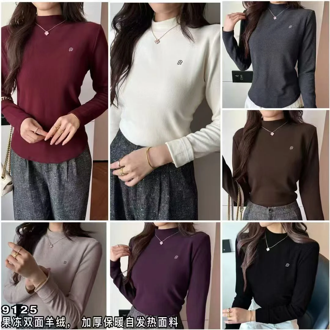 9125秋冬德绒半高领长袖修身显瘦打底衫女上衣