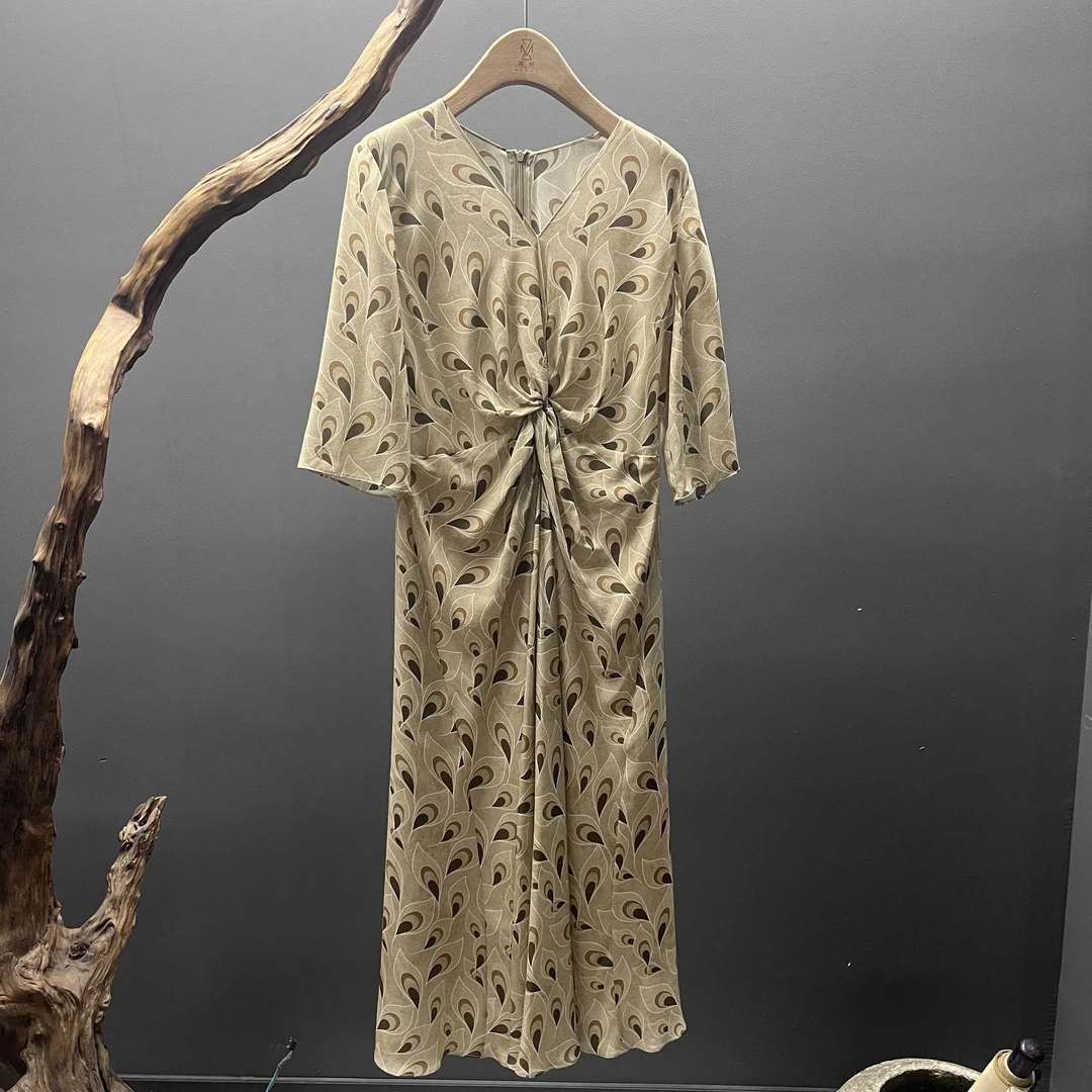 墨枝 气质V领印花桑蚕丝连衣裙D9009605