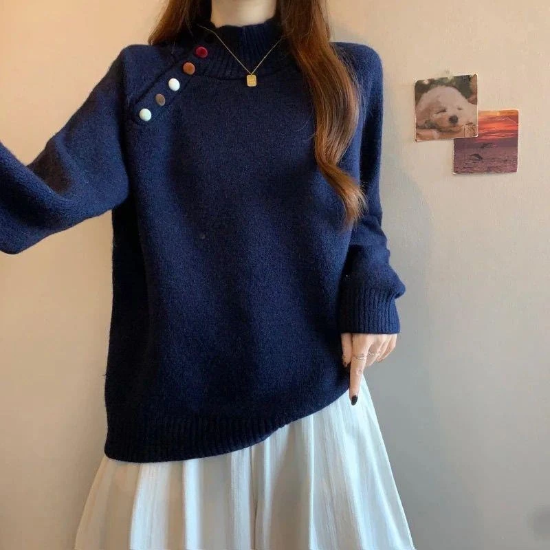 内搭半高领针织打底衫毛衣女秋冬大码胖mm显瘦设计感彩色纽扣上衣