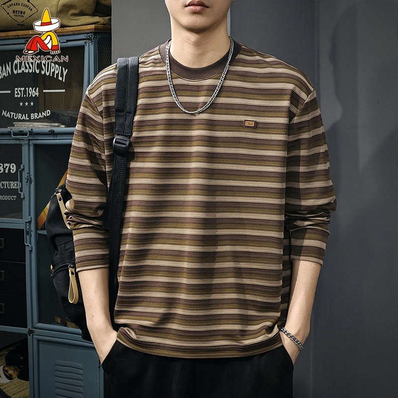 Mexican/稻草人美式休闲条纹长袖T恤男士秋季宽松潮牌海魂衫上衣t