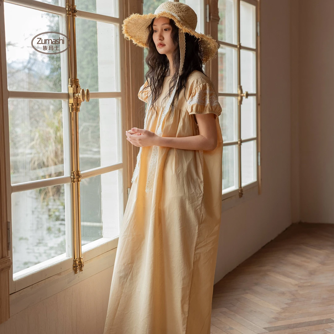族玛士春夏季女2025年新款家居服纯棉刺绣薄款睡裙法式宽松可外穿