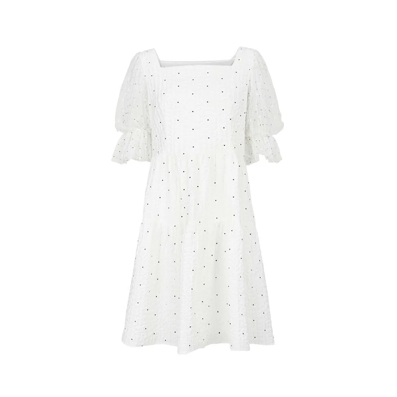 【粉丝专享】圣迪奥女装时尚波点气质白色甜美收腰方领连衣裙