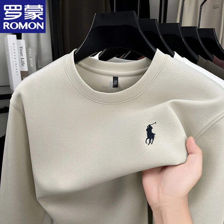 罗蒙男士圆领长袖T恤衫商务休闲中年套头卫衣纯色百搭刺绣工艺