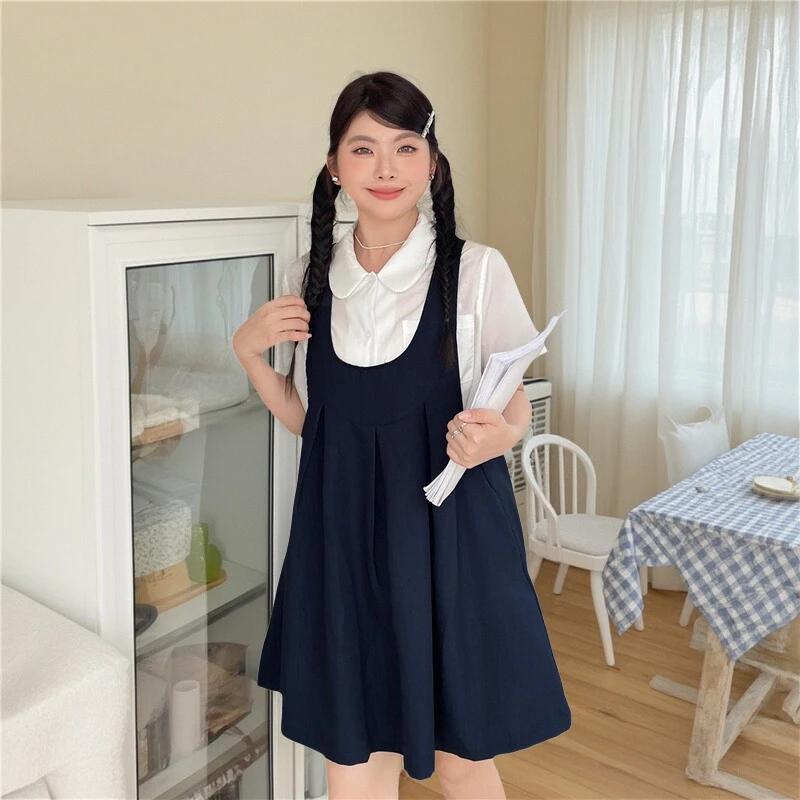 孕妇装夏季韩系高级感穿搭背带裙小个子显瘦衬衣短袖连衣裙两件套