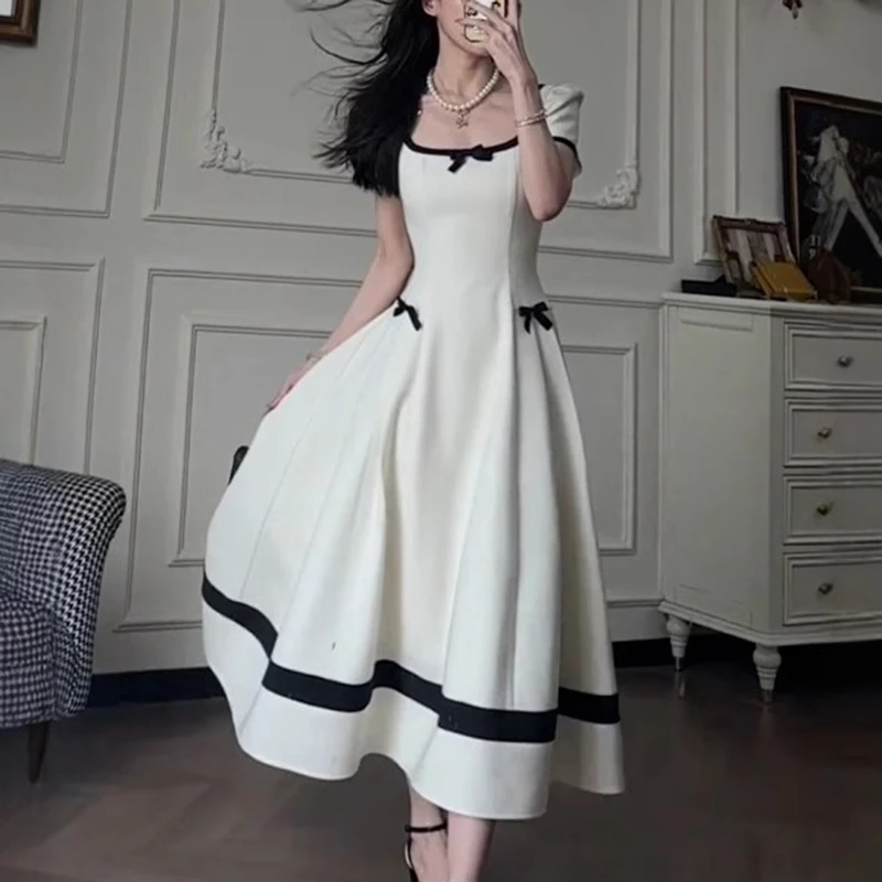 【有里布】高级感撞色蝴蝶结连衣裙夏季新款法式收腰显瘦a字裙D1466