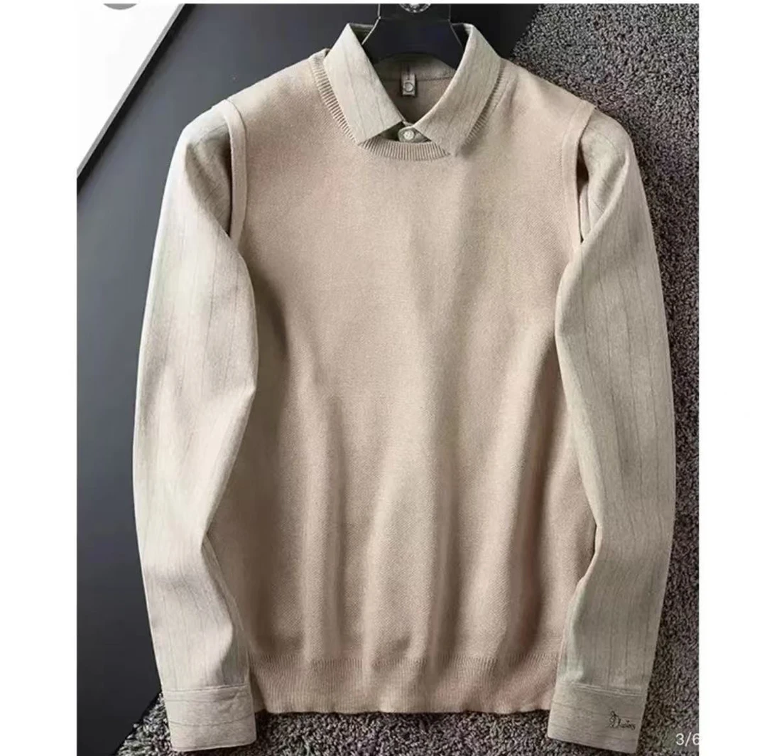 男士卡其一体绒假两件轻奢高档百搭加绒高档时尚翻领休闲针织长袖