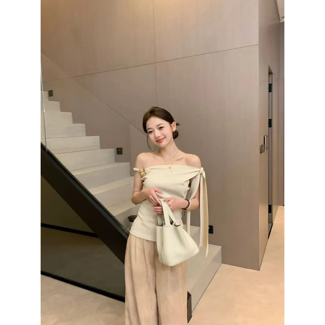 万万不熬夜云上香草小众设计感斜肩领露肩蝴蝶结绑带百搭衬衫