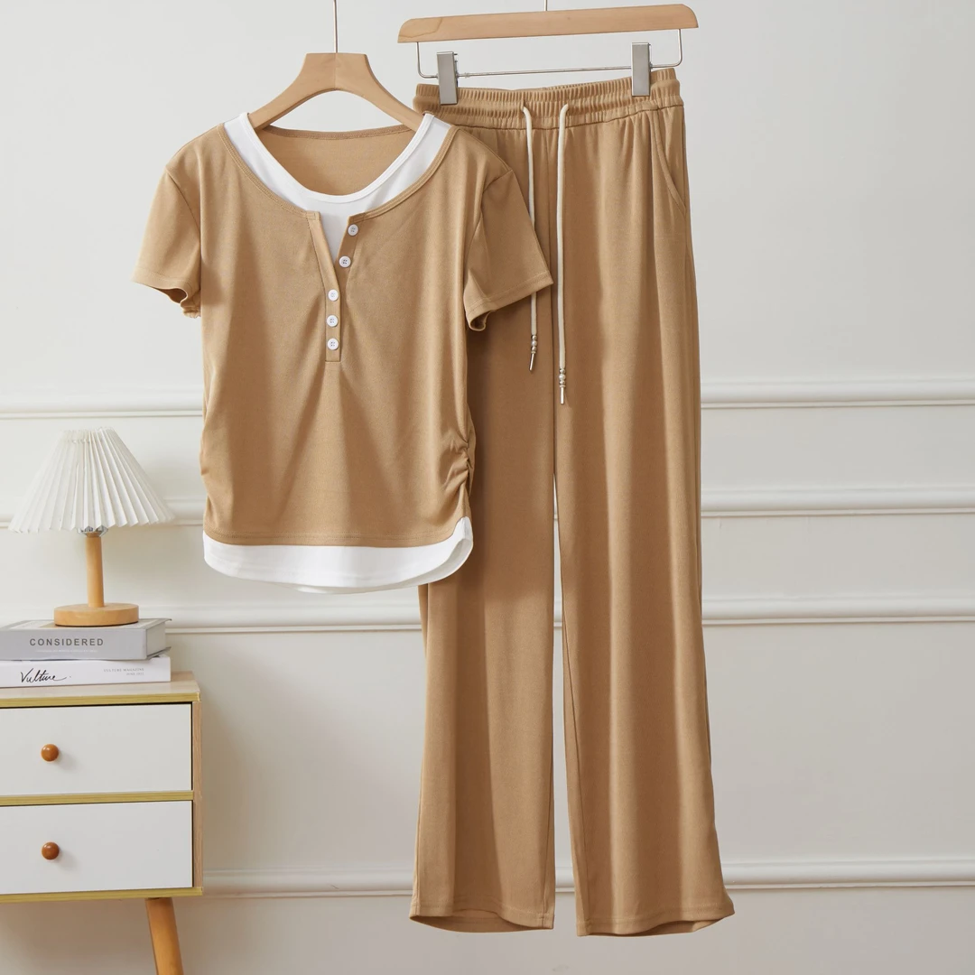 夏日冰丝螺纹假两件收腰套装【短衣+长裤】