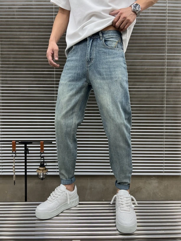 510「洗水牛仔裤」男春夏季蓝色洗水软牛仔时尚绣花小脚长裤