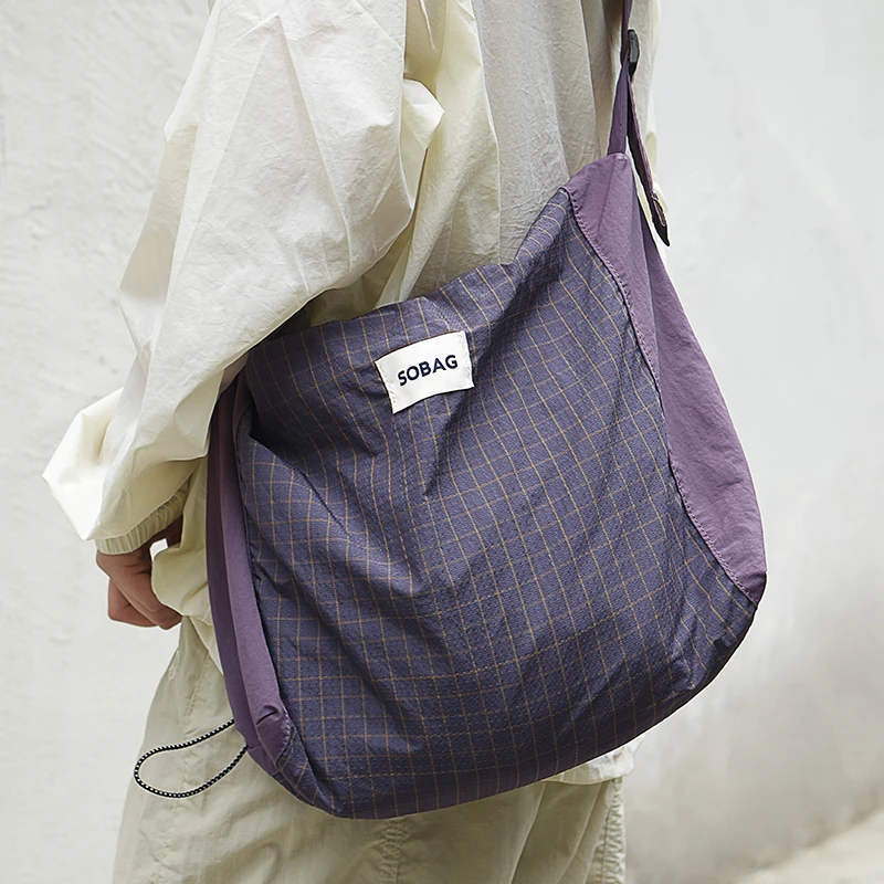SoBag日系通勤紫色格子单肩斜挎大包女山系大容量防泼水尼龙布包