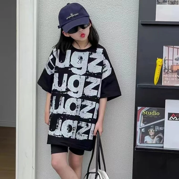 休闲黑色洋气满身字母印花女孩夏款中大童百搭宽松中长款T恤短袖