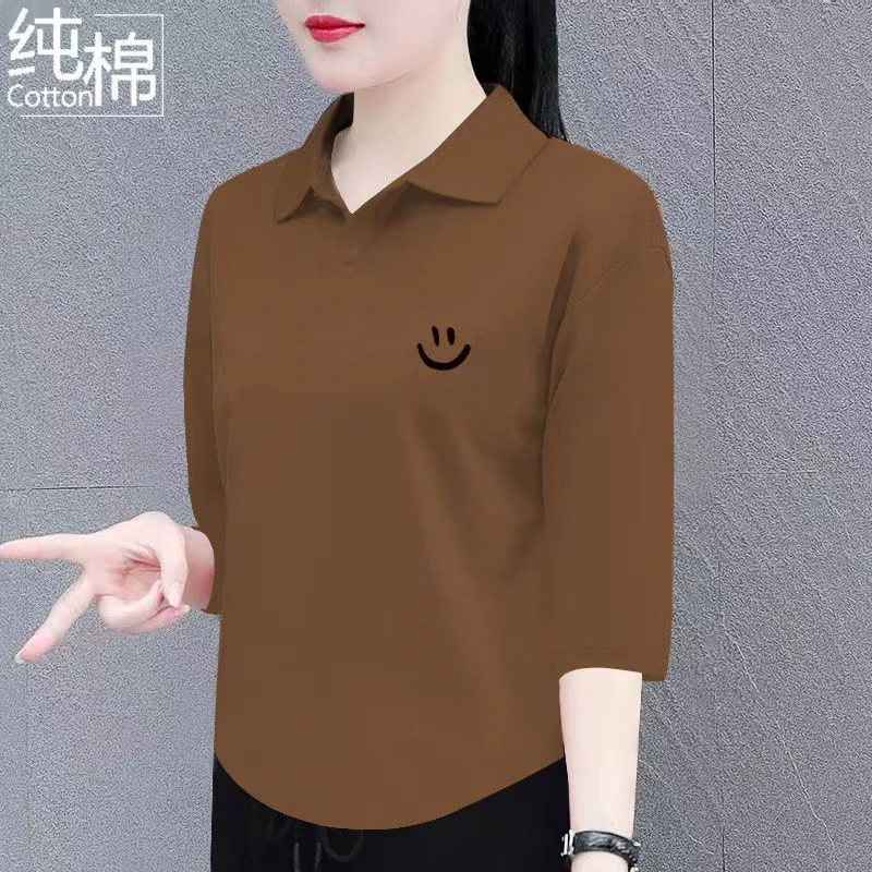 纯棉七分袖t恤女夏季新款翻领百搭宽松显瘦时尚洋polo领上衣