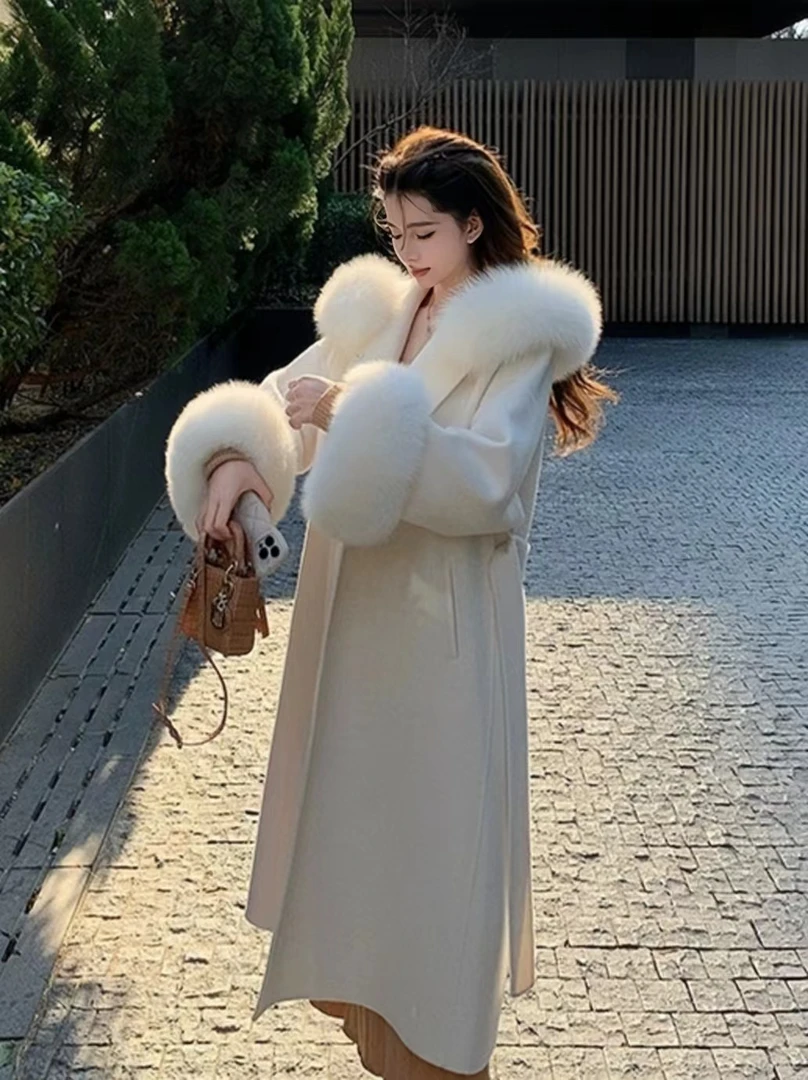 慵懒风高级感毛毛连帽外套女秋冬新款时尚百搭显瘦长款呢子大衣潮