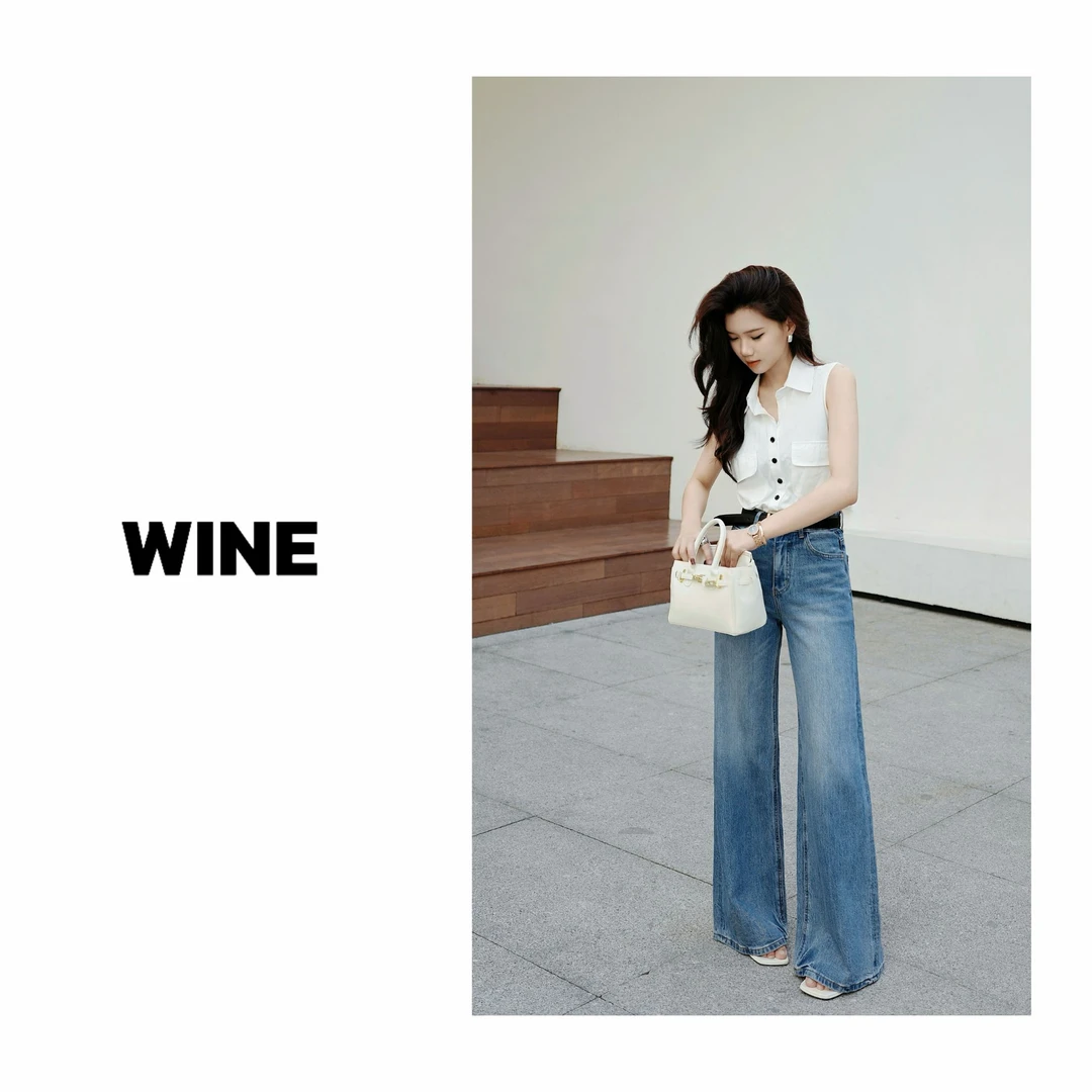 【Wine】·伯利兹周刊·女孩复古怀旧树皮皱直筒水洗牛仔裤女