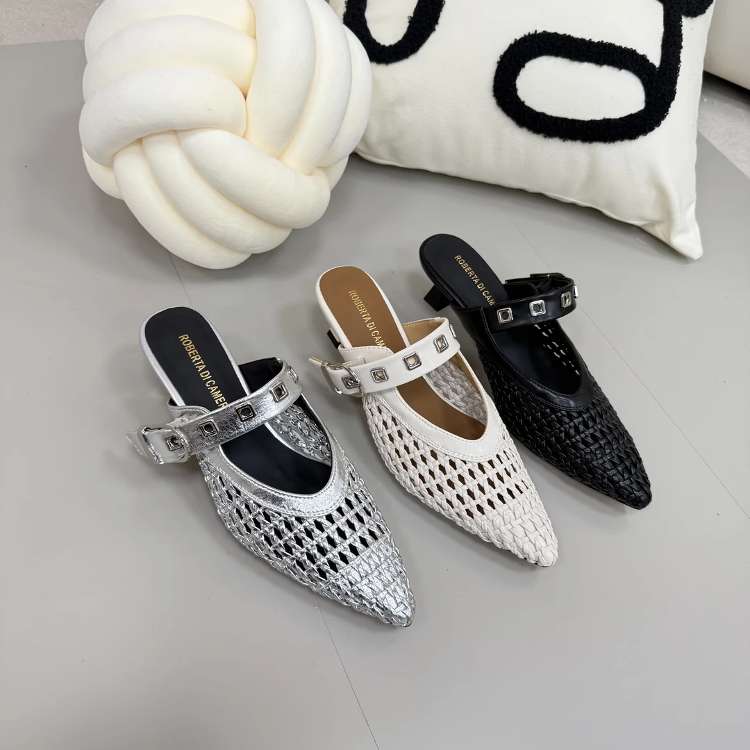 镂空尖头编织跟鞋女鞋2025爆款真皮拖鞋时尚百搭潮流单鞋61023