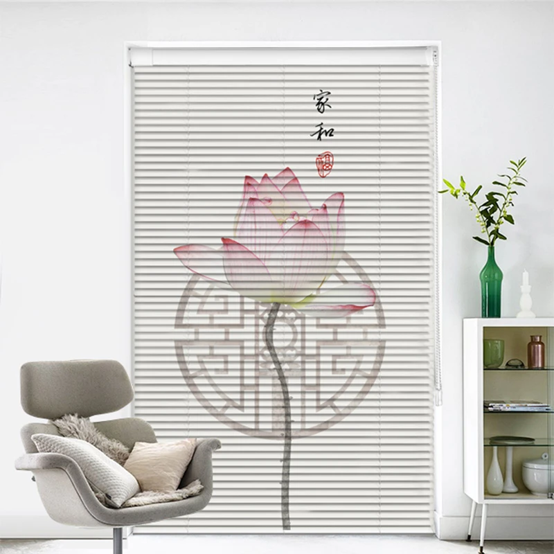 新中式印花百叶窗帘厨房浴室办公室客厅卫生间防水遮光免打孔安装