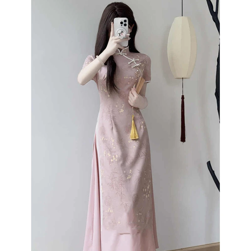 花之约粉色旗袍日常新中式复古国风改良年轻款少女年轻版旗袍9750