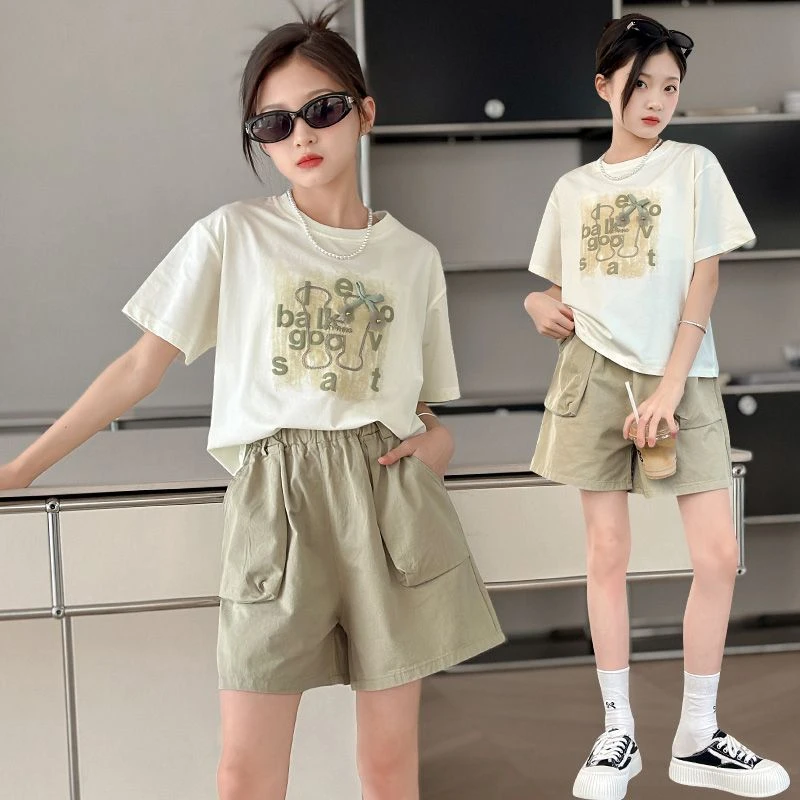女童夏季套装高级新款儿童洋气时髦短袖短裤休闲两件套大童网红潮