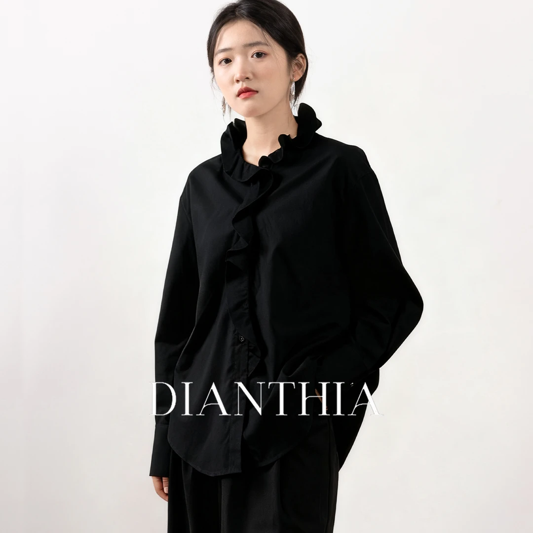 DianThia荷叶边领衬衫女2025秋新款时尚气质宽松显瘦长袖衬衣上衣
