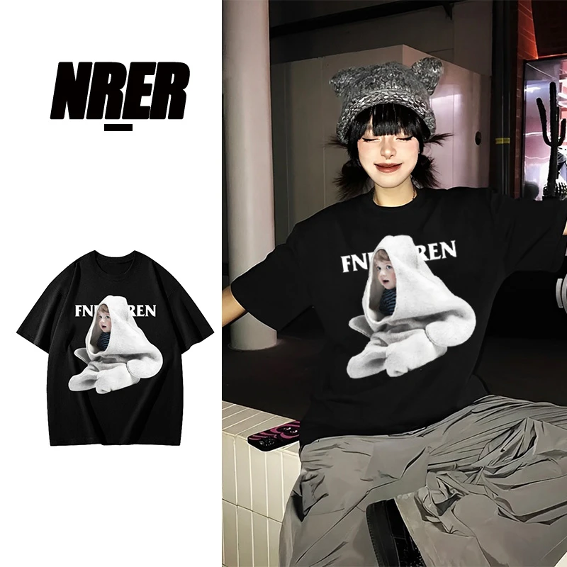 NRER情侣装网红洋气短袖ins风印花休闲宽松国潮美式学生圆领T恤