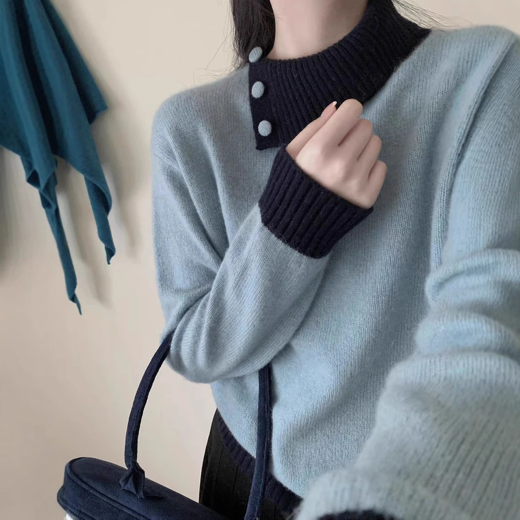 2278冬季宽松温柔风设计感法式撞色翻领毛衣