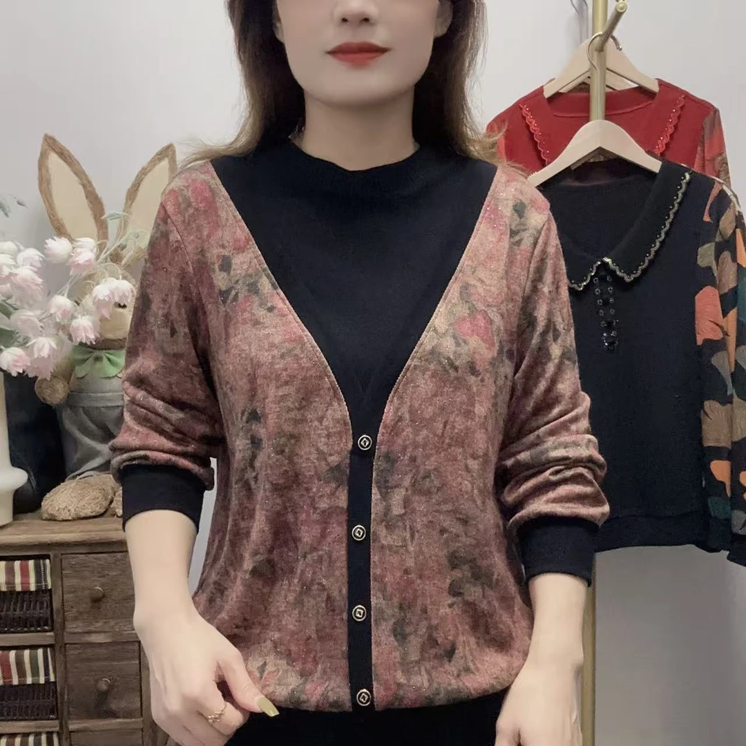 【丽姐家】秋季新款妈妈装中老年女装长袖假两件常规款圆领