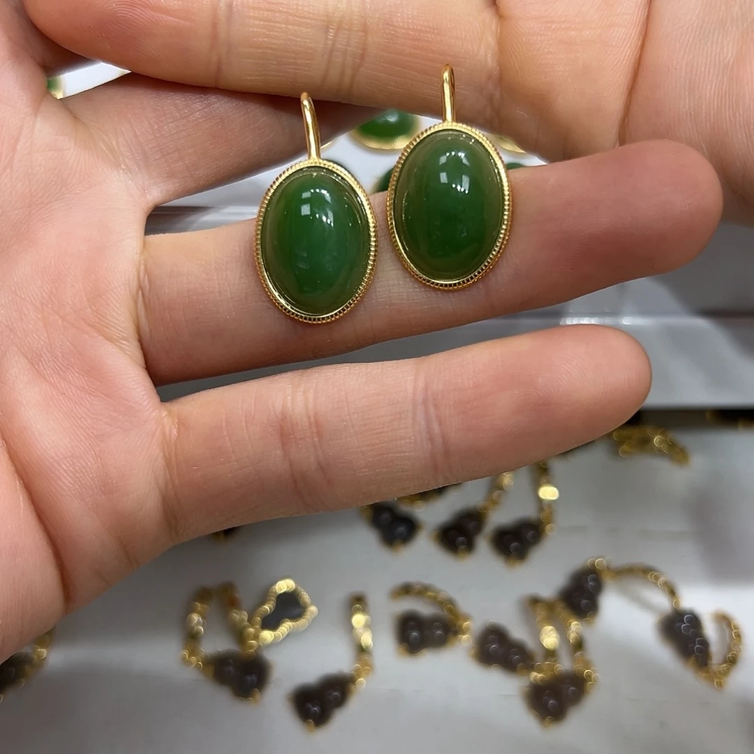 和田玉耳饰银S925镶嵌温**昔