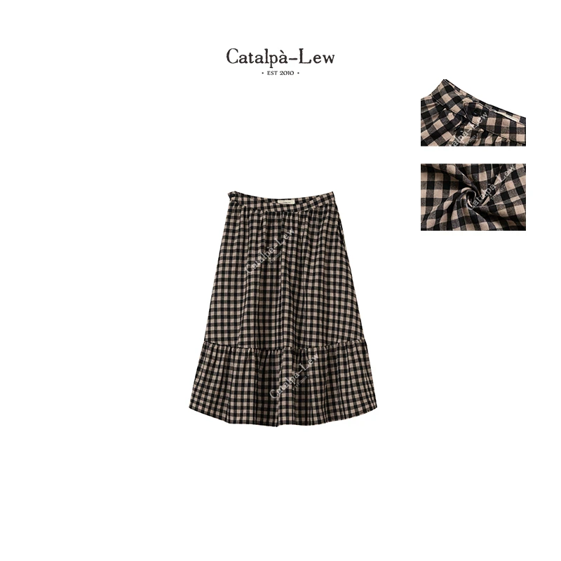 CatalpaLew「复古格纹」墟生美学100%精梳棉复古格纹半身裙#C51435